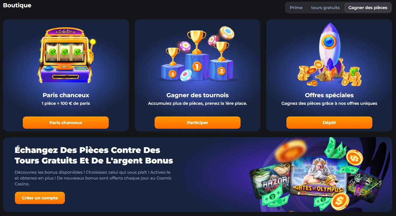 Moyens d'obtenir des Cosmic Coins sur Cosmicslotz Casino