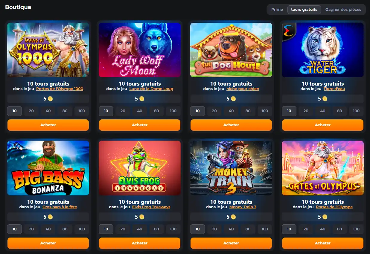 Bonus Boutique avec échanges de Cosmic Coins contre des tours gratuits sur Cosmicslotz Casino