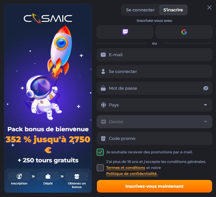 Formulaire d'inscription sur Cosmicslotz Casino