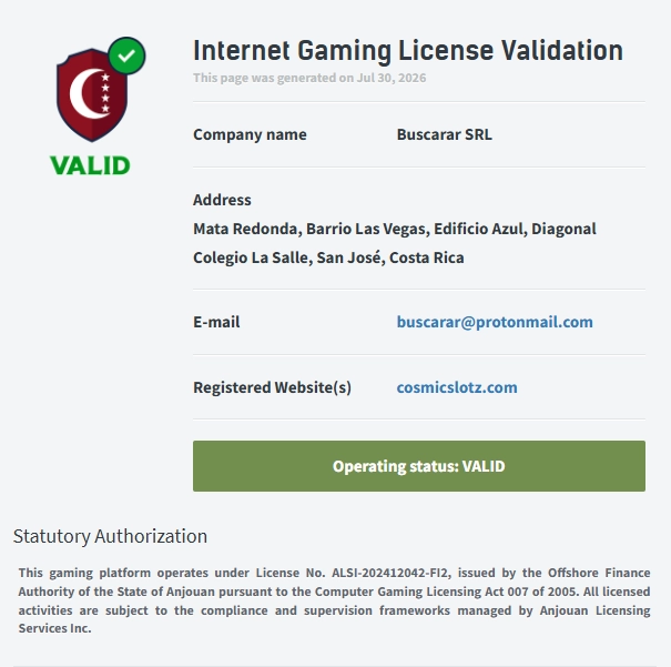 Licence Anjouan Gaming Authority du casino Cosmicslotz