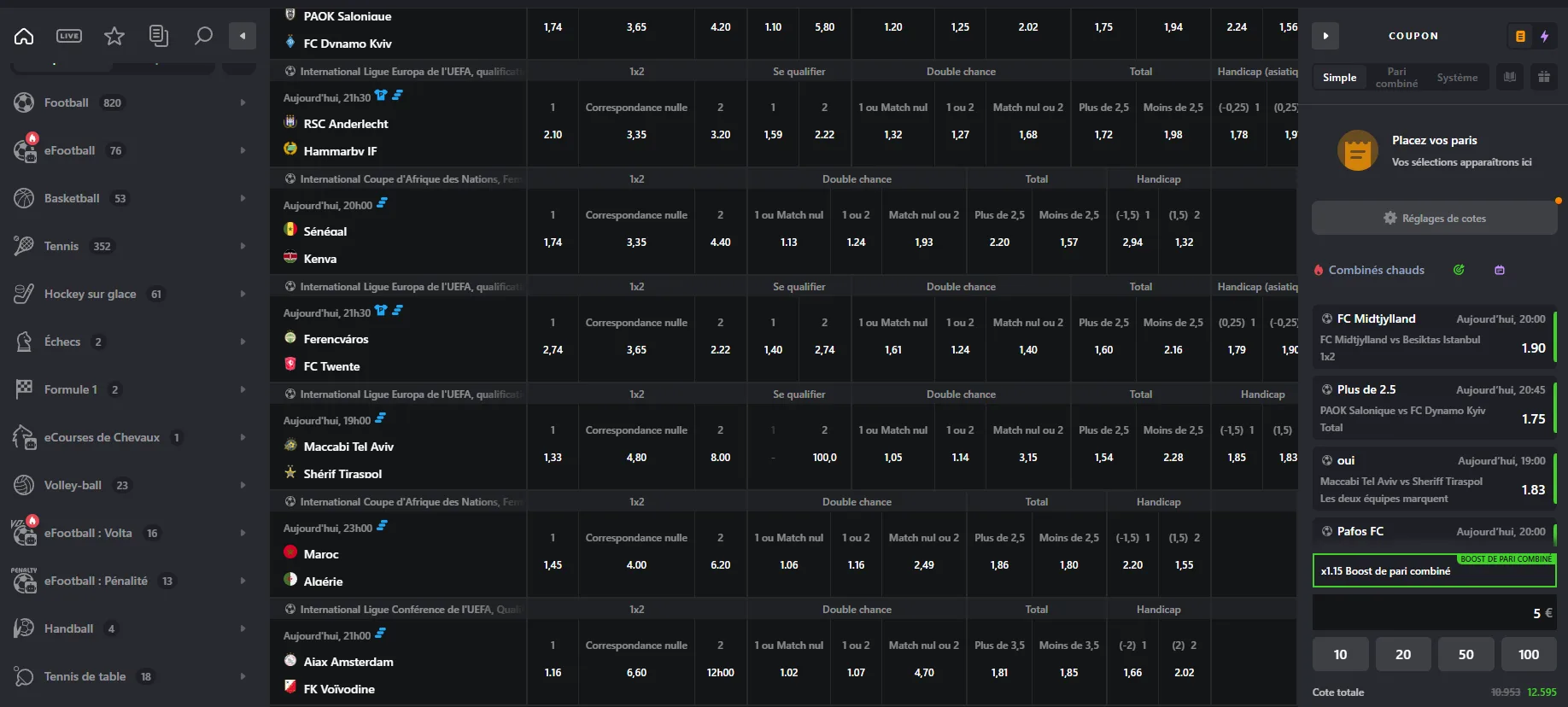 Interface des paris sportifs sur Cosmicslotz Casino