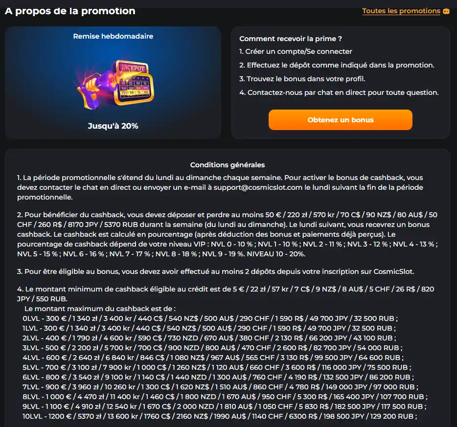 Cashback hebdomadaire proposé par Cosmicslotz Casino