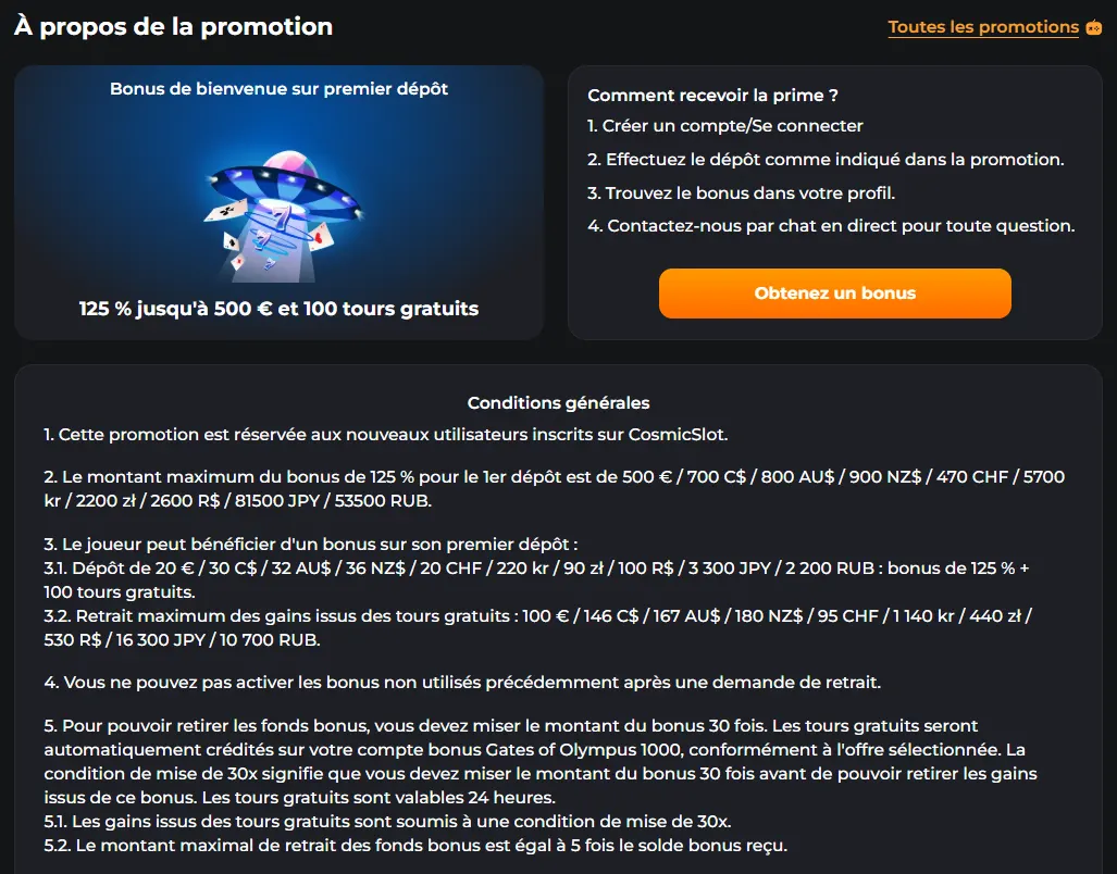 Conditions du bonus de bienvenue sur Cosmicslotz Casino