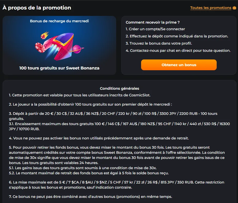Bonus de recharge du mercredi sur Cosmicslotz Casino