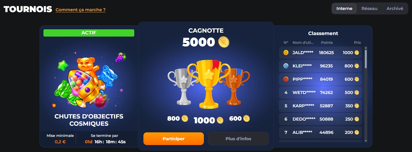 Classement d'un tournoi sur Cosmicslotz Casino